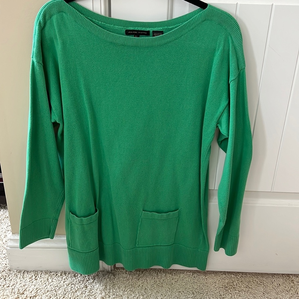 Kelly green boat-neck sweater by Jeanne Pierre.